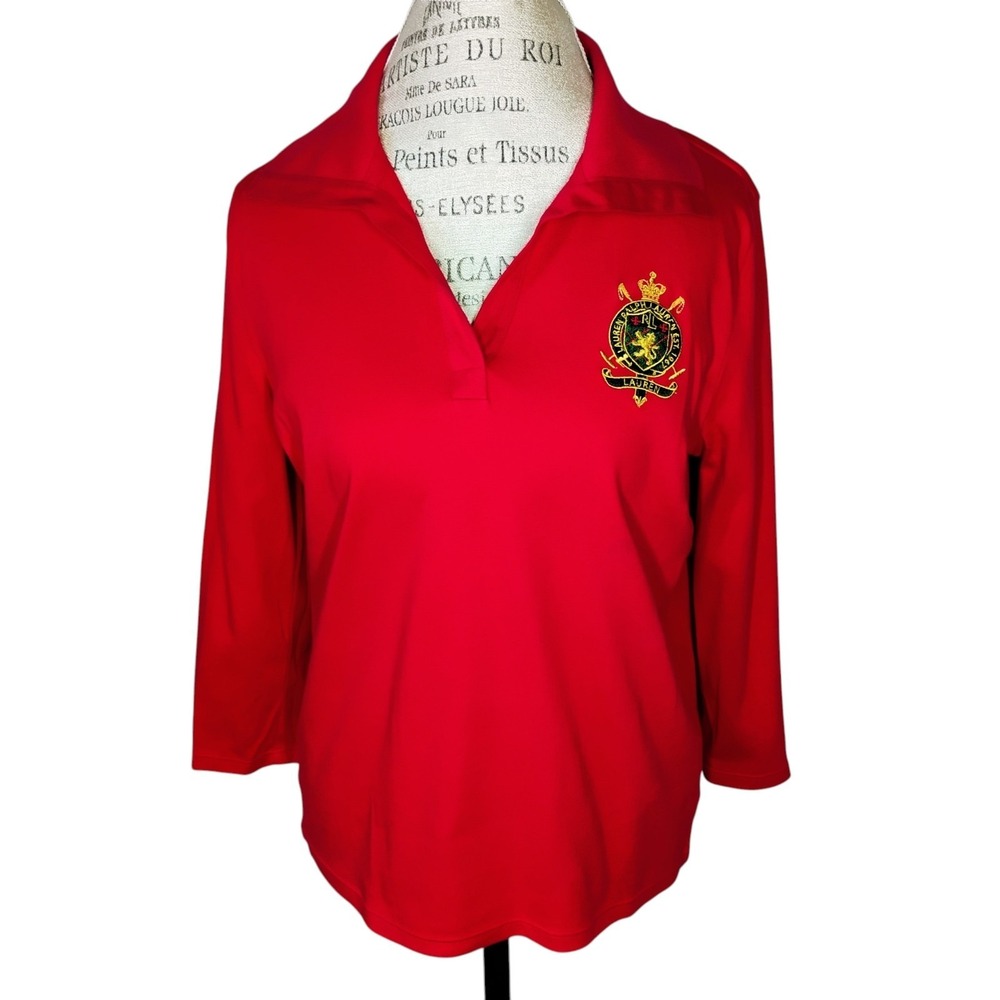 Lauren Ralph Lauren Polo Shirt Womens Large Red Crest Embroidered Preppy Classic